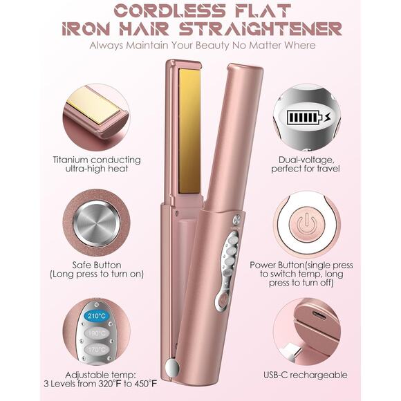 Portable Titanium Cordless Hair Straightener – USB-C Rechargeable Mini Flat Iron - Picture 5 of 6